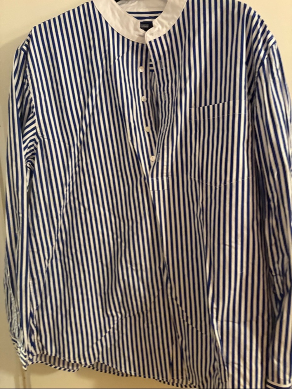 J. Peterman Blue and White Vertical Stripe Band-Collar Shirt